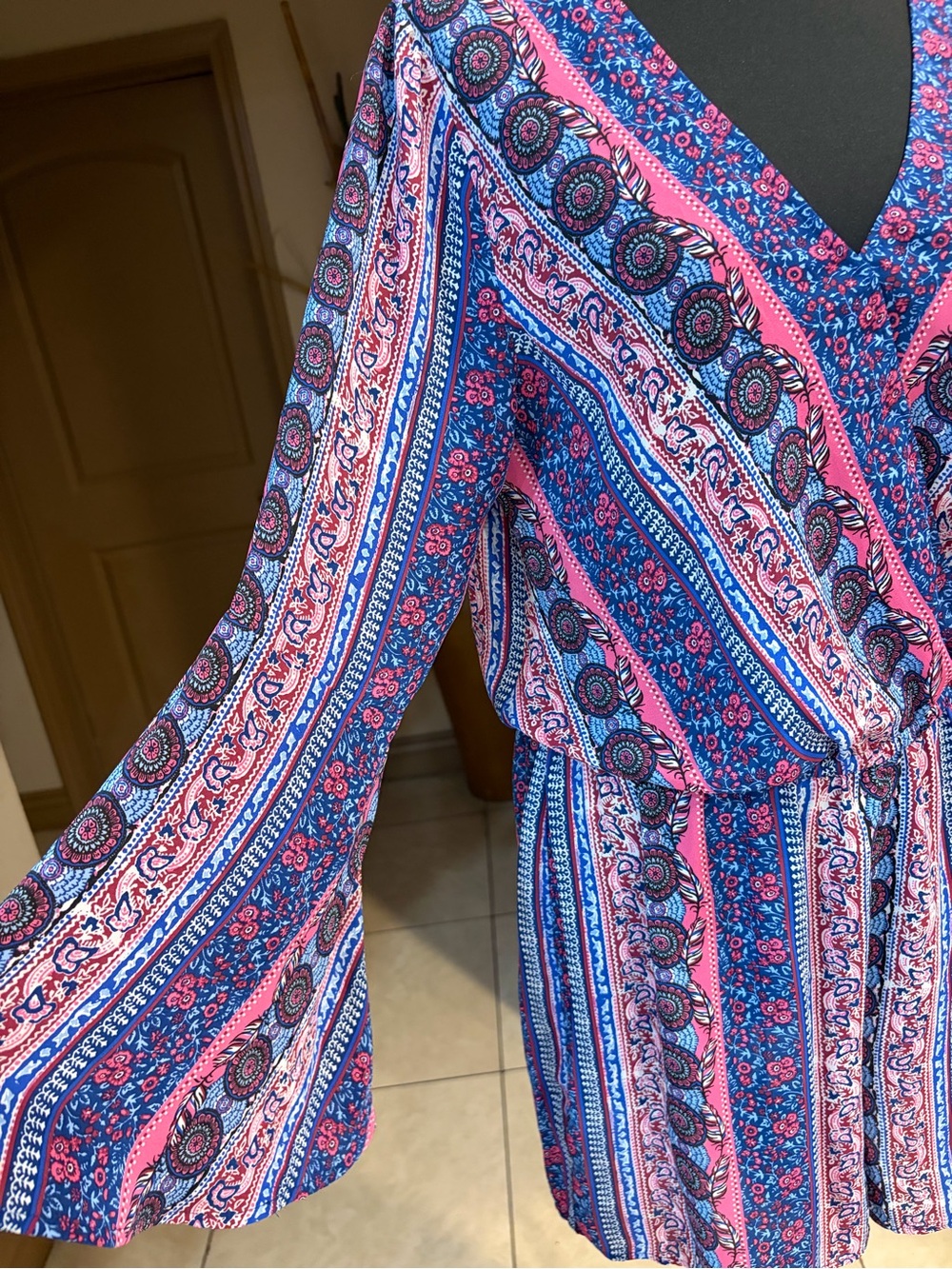 CeCe Pink & Blue Mixed-Print Wrap Long Sleeve jumpsuit. - Picture 3 of 6